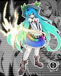  blue_hair food fruit gradient_hair hat hinanawi_tenshi long_hair multicolored_hair peach pon_(junkpod) red_eyes solo sword sword_of_hisou touhou weapon 