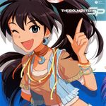  album_cover annindoufu_(oicon) black_hair blue_eyes copyright_name cover earrings ganaha_hibiki idolmaster idolmaster_(classic) jewelry lowres official_art one_eye_closed smile solo 