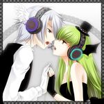  1girl blue_nails c.c. code_geass code_geass:_lost_colors cosplay face-to-face green_hair grey_hair hat headset jyuru long_hair magnet_(vocaloid) mini_hat mini_top_hat nail_polish parody rai short_hair top_hat vocaloid white white_hair 