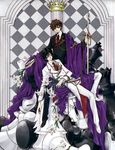  black_hair board_game brown_hair chain chess clamp closed_eyes code_geass flower formal highres kururugi_suzaku lelouch_lamperouge lily_(flower) lying male_focus multiple_boys official_art suit sword weapon 