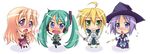  :3 ahoge aqua_hair artoria_pendragon_(all) blonde_hair blue_eyes blush chibi cosplay endou_aya fate/stay_night fate_(series) flying_sweatdrops green_eyes hair_ribbon hand_on_hip hat hatsune_miku hatsune_miku_(cosplay) headset hiiragi_kagami hiiragi_tsukasa izumi_konata kanda_(squall-rinoa) kita_high_school_uniform long_hair lucky_star macross macross_frontier multiple_girls musical_note nagato_yuki nagato_yuki_(cosplay) necktie open_mouth pink_hair purple_eyes purple_hair ribbon saber saber_(cosplay) school_uniform seiyuu_connection serafuku sheryl_nome sheryl_nome_(cosplay) short_hair skirt spring_onion suzumiya_haruhi_no_yuuutsu sweatdrop sword takara_miyuki twintails vocaloid wand weapon witch_hat 