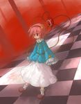  checkered checkered_floor chireiden floating floor fog hairband highres komeiji_satori perspective pink_hair red_eyes skirt slippers socks solo tiles touhou wamtail wide_sleeves 