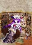  animal_ears bespectacled book bookshelf chibi crescent cup dress glasses grey grey_eyes hair_ribbon hat library long_hair magic_circle mouse mouse_ears mouse_tail multiple_girls nazrin patchouli_knowledge purple_eyes purple_hair reading ribbon sitting tail teacup touhou voile yuuki._(limit) 