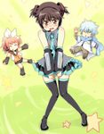  2boys blush cosplay crossdressing food gintama glasses hatsune_miku hatsune_miku_(cosplay) highres ice_cream kagamine_rin kagamine_rin_(cosplay) kagura_(gintama) kaito kaito_(cosplay) maruki_(punchiki) multiple_boys sakata_gintoki shimura_shinpachi star thighhighs vocaloid 