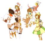  3girls animal_ears artist_request back breasts cat_ears cleavage cooking dark_skin dress gloves handheld_game_console hat medium_breasts monster monster_hunter multiple_girls playstation_portable simple_background wok 