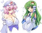  bad_id bad_pixiv_id bangs bare_shoulders blush body_blush bow breasts cleavage collarbone covered_nipples detached_sleeves green_eyes green_hair hair_ornament hair_tubes hands_on_own_chest hat japanese_clothes kimono kochiya_sanae large_breasts long_hair lute_(apocalypselibrary) multiple_girls no_bra off_shoulder pink_hair poking_self puffy_nipples red_eyes saigyouji_yuyuko shiny shiny_skin simple_background straight_hair touhou triangular_headpiece upper_body wavy_hair white_background wide_sleeves 