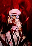  bad_id bad_pixiv_id bat_wings blood blue_hair hat highres red_eyes remilia_scarlet short_hair solo touhou tsubaki_sunao wings 