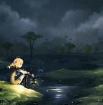 ahoge bangs black_footwear blonde_hair boots braid breasts cloud cloudy_sky final_fantasy final_fantasy_xii fireflies from_side grass holding_lantern jitome jumpsuit lantern large_breasts light_particles long_hair nature night night_sky on_ground outstretched_arm penelo pond profile sitting sky solo tree water wednesday 
