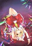  bad_id bad_pixiv_id blonde_hair dress flandre_scarlet fuyouchu hat long_hair lying on_back red_eyes side_ponytail solo thigh_gap touhou upside-down wings wrist_cuffs 