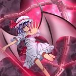  bad_feet barefoot bat_wings blue_hair chain deta-mxproject full_moon hands hat moon outstretched_arm outstretched_hand reaching red_eyes red_moon remilia_scarlet solo touhou wings 