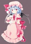  aogiri_sei bat_wings blue_hair blush bow cup dress hat mary_janes polka_dot red_eyes remilia_scarlet shoes short_hair solo teacup touhou wings wrist_cuffs 