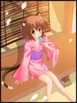  :p ahoge bad_id bad_pixiv_id blush brown_eyes brown_hair chen flat_chest food highres japanese_clothes kimono licking multiple_tails petals pink_kimono popsicle ryuma short_hair sitting solo tail tongue tongue_out touhou yukata 