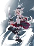  animal_ears armpits bare_shoulders detached_sleeves fang flat_chest geta hat inubashiri_momiji open_mouth shield short_hair skinny smile solo sword tail tengu-geta toeless_legwear tokin_hat touhou tsuru_(clainman) weapon white_hair wolf_ears wolf_tail 