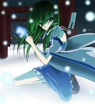  bad_id bad_pixiv_id din_(flypaper) gohei green_hair kneeling kochiya_sanae long_hair ofuda snow solo touhou 