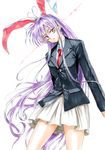  animal_ears blazer bunny_ears glowing glowing_eyes head_tilt jacket long_hair necktie purple_hair red_eyes red_neckwear reisen_udongein_inaba skirt solo touhou traditional_media tsurime tsurui very_long_hair 