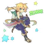  belt blonde_hair blue_eyes boots chamu_(lbdr) character_name dual_wielding final_fantasy final_fantasy_ix full_body grin holding long_hair male_focus pants ponytail smile solo star tail white_background zidane_tribal 