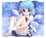  blue_eyes blue_hair blush bow burckhardt cirno feet kneehighs panties short_hair socks solo striped striped_panties touhou underwear wings 