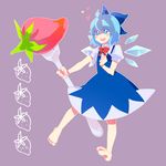  bad_id bad_pixiv_id barefoot blue_eyes blue_hair bow cirno feet food fork fruit highres mirugin oversized_object short_hair solo strawberry touhou wings 