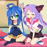  ahoge black_legwear blue_hair bow green_eyes hair_bow heart hiiragi_kagami indian_style izumi_konata kanikama long_hair lucky_star mole mole_under_eye multiple_girls purple_hair seiza shorts sitting skirt socks tank_top twintails white_legwear yuri 