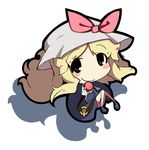  blonde_hair chibi food fruit hat long_hair peach solo touhou watatsuki_no_toyohime yofukashi 