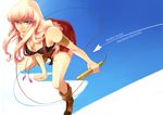  aqua_eyes armband bad_id bad_pixiv_id bare_shoulders blonde_hair boots bra breasts cleavage earrings high_heels highres jewelry katase_waka large_breasts lingerie long_hair macross macross_frontier necklace sheryl_nome shoes side_slit skirt solo sports_bra underwear 