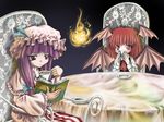  aozora_market bangs blunt_bangs chair demon_girl duplicate expressionless fire flame hat head_wings koakuma looking_at_viewer mob_cap multiple_girls patchouli_knowledge reading succubus table tablecloth touhou upper_body 