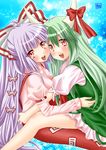  ex-keine fujiwara_no_mokou green_hair hair_ribbon horns kamishirasawa_keine long_hair multiple_girls pengin_guriko red_eyes ribbon silver_hair touhou 