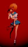  aira_(radturee) bad_id bad_pixiv_id blood blood_on_face glowing glowing_eyes hatchet higurashi_no_naku_koro_ni miniskirt nose_hatchet orange_hair red red_eyes ryuuguu_rena school_uniform serafuku short_hair skirt socks solo 