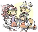  animal_ears bad_id bad_pixiv_id blonde_hair brown_hair cat_ears cat_tail chen closed_eyes earrings fox_tail hat hat_ribbon high_heels holding holding_umbrella hounori jewelry long_sleeves multiple_girls multiple_tails open_mouth pillow_hat ribbon shoes short_hair single_earring socks tail tassel touhou umbrella wide_sleeves yakumo_ran yakumo_yukari yellow_eyes yin_yang 