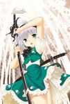  aqua_eyes hairband katana konpaku_youmu seminoyu sheath short_hair silver_hair solo sword touhou unsheathing weapon 