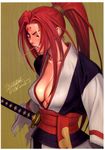  amputee angry baiken breasts cleavage clenched_teeth covered_nipples facial_mark forehead_mark guilty_gear haori highres japanese_clothes kataginu large_breasts lips lipstick long_hair looking_at_viewer looking_back makeup no_bra obi one-eyed open_clothes open_shirt ponytail profile red_eyes red_hair red_lipstick samurai sash scan scar scar_across_eye scrunchie sheath shirt sidelocks signature solo standing sword teeth torn_clothes tsukasa_jun weapon wide_sleeves 