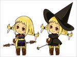  black_mage blush boots brown_footwear chibi dual_persona final_fantasy final_fantasy_xii hat looking_at_viewer md5_mismatch minami_ryou penelo red_eyes rod simple_background standing thighhighs wand white_background witch_hat 