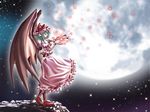  aozora_market bat_wings dress from_side full_moon hat mob_cap moon moonlight outstretched_arms pink_dress profile puffy_short_sleeves puffy_sleeves remilia_scarlet short_sleeves solo standing touhou vampire wings 