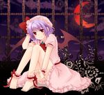  ankle_garter anklet bad_id bad_pixiv_id barefoot bat_wings blush crescent_moon dress feet flower hat jewelry lavender_hair moon night night_sky purple_hair red_eyes red_moon remilia_scarlet short_hair sitting sky smile solo touhou wings wrist_cuffs yuuki_(moon_child) 
