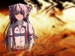  bad_id bad_pixiv_id fire frown fujiwara_no_mokou long_hair nerii_wasabi red_eyes ribbon solo suspenders touhou white_hair 