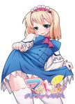  alice_margatroid bad_id bad_pixiv_id blonde_hair blue_eyes blush dress dress_lift hairband raiden_(raiden_labo) short_hair solo thighhighs touhou translated 