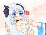  1girl :o bad_id bad_pixiv_id black_hairband blue_eyes blush border cheek_poking fading_border hairband hands kaze_tsuyu_tsuchi_ryuu konpaku_youmu poking saigyouji_yuyuko short_hair silver_hair solo tears touhou towel upper_body 