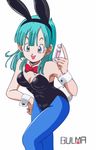  animal_ears artist_request blue_eyes blue_hair blue_legwear bottle breasts bulma bunny_ears bunnysuit dragon_ball dragon_ball_(classic) leaning_forward lips long_hair medium_breasts pantyhose solo 