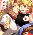  bad_id bad_pixiv_id blonde_hair breasts green_eyes grin horn hoshiguma_yuugi large_breasts long_hair mizuhashi_parsee multiple_girls musical_note one_eye_closed open_clothes pointy_ears red_eyes rex_k short_hair sleeveless smile touhou 