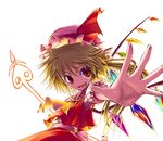  aozora_market blonde_hair fang flandre_scarlet hands hat laevatein outstretched_arm outstretched_hand reaching red_eyes side_ponytail solo touhou wings 