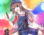  art_brush bad_id bad_pixiv_id bag blue_eyes blue_overalls boots brown_hair colorful copyright_request cross-laced_footwear hase_neet hat lace-up_boots looking_at_viewer moon overalls paintbrush solo star star_in_eye striped symbol_in_eye 