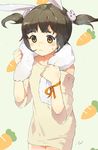  animal_ears blush brown_eyes brown_hair bunny_ears carrot copyright_request off_shoulder shirt solo t-shirt tiru towel towel_around_neck twintails 