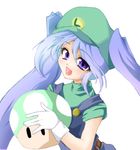 1up belt blue_overalls brown_belt commentary_request costume genderswap genderswap_(mtf) gloves green_hat green_shirt hair_through_headwear half-closed_eyes hat holding light_blue_hair looking_at_viewer luigi mario_(series) ochimusha overalls purple_eyes shirt single_letter solid_oval_eyes solo super_mario_bros. turtleneck twintails white_gloves 
