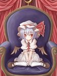  armchair bad_id bad_pixiv_id bat_wings between_thighs blue_hair blush chair curtains feet_on_chair hat highres mary_janes momokumo red_eyes remilia_scarlet shoes sitting solo touhou v_arms wariza wings 