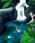  antennae bad_id bad_pixiv_id barefoot blonde_hair blue_eyes blue_hair bow casual_one-piece_swimsuit cirno closed_eyes green_eyes green_hair hair_bobbles hair_bow hair_ornament hat ice kawashiro_nitori multiple_girls mystia_lorelei one-piece_swimsuit partially_submerged pink_hair rumia school_swimsuit swimsuit team_9 touhou two_side_up water waterfall wings wriggle_nightbug you_shimizu 