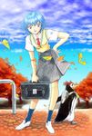  autumn autumn_leaves ayanami_rei bag blue_eyes blue_sky day e-senmio hand_on_hip leaf looking_at_viewer nature neon_genesis_evangelion open_mouth penpen red_eyes school_uniform shoes skirt sky sly solo tree white_footwear 