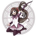  :d absurdly_long_hair akemi_homura argyle argyle_legwear bangs black_footwear black_hair black_legwear boots bow_(weapon) breasts floating_hair frilled_skirt frills from_side gem hair_ribbon hairband hand_up holding holding_weapon kneeling long_hair long_sleeves looking_at_viewer magic_circle magical_girl mahou_shoujo_madoka_magica md5_mismatch open_mouth pantyhose pleated_skirt purple_eyes red_hairband ribbon school_uniform seika_(seikachu) skirt small_breasts smile solo thigh_boots thighhighs very_long_hair weapon 