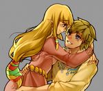  1girl arms_around_neck bangs blonde_hair blue_eyes blunt_bangs dress hair_ribbon hug link long_hair looking_at_another low-tied_long_hair neaze pointy_ears princess_zelda ribbon the_legend_of_zelda the_legend_of_zelda:_skyward_sword waist_hug 