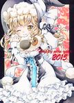  ;) blonde_hair bow funnyfunny happy_new_year hat hat_bow kirisame_marisa new_year one_eye_closed sash smile solo touhou traditional_media witch_hat yellow_eyes 