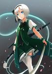  adapted_costume blue_eyes bow coat hair_ribbon highres katana konpaku_youmu konpaku_youmu_(ghost) open_clothes open_coat petals ribbon shirt short_hair short_sleeves silver_hair skirt skirt_set solo sword thighhighs touhou vest weapon white_legwear wrist_cuffs yingji_(zszero) zettai_ryouiki 